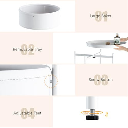 Garden 4 you Side Table with Fabric Storage Basket, Round Metal End Table, Small Bedside Table Nightstand with Removable Tray, for Nursery, Living Room, Bedroom, Bathroom, White - color: White