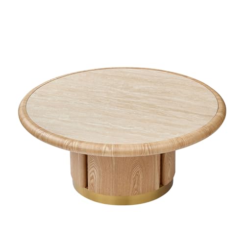 35.43'' Round Coffee Table with Sintered Stone Tabletop for Living Room, Modern Circle Wood Pedestal Coffee Table with Brushed Stainless Steel, Easy Assembly, Natural - color: Ø35.43'' -Natural