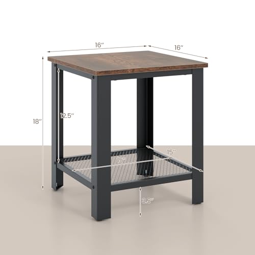 Giantex 2-Tier End Table Set of 2, 16 Inch Small Side Table w/Mesh Storage Shelf, Industrial Telephone Table with Heavy-Duty Metal Frame, Square Sofa Table for Small Space Living Room, Rustic Brown