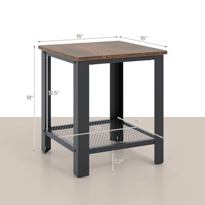 Giantex 2-Tier End Table Set of 2, 16 Inch Small Side Table w/Mesh Storage Shelf, Industrial Telephone Table with Heavy-Duty Metal Frame, Square Sofa Table for Small Space Living Room, Rustic Brown