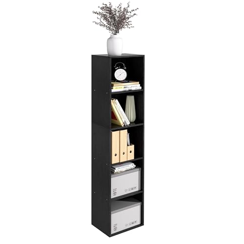 5-Tier Wooden Cube Storage Organizer, 52 Inch Tall Bookcase & Display Shelf with 5 Open Cubes, Freestanding DIY Closet Shelving Unit for Living Room Bedroom Office (Black, 5 Cube-W(11.8inch) - color: Black, size: 5 Cube-W(11.8inch)