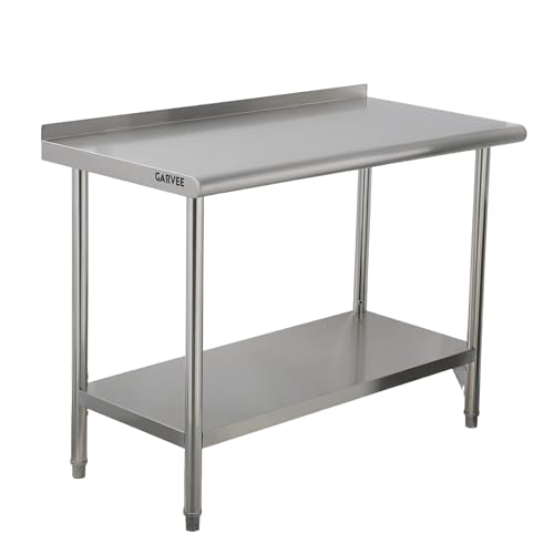 Garvee Stainless Steel Curved Edge Work Table 60 inch Double Layer with Backsplash, Heavy Duty Commercial Prep Table with Hook, 0.7mm Thick - size: 60*24*35 inch - with back panel