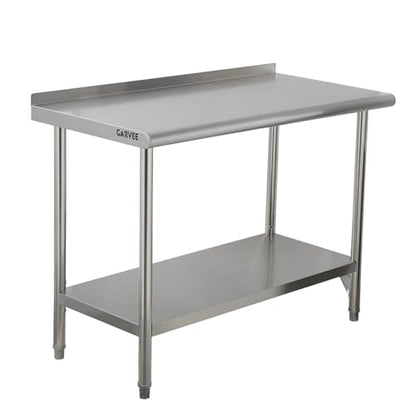 Garvee Stainless Steel Curved Edge Work Table 60 inch Double Layer with Backsplash, Heavy Duty Commercial Prep Table with Hook, 0.7mm Thick - size: 60*24*35 inch - with back panel