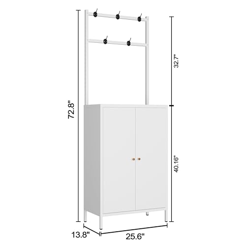 Hall Tree, 72” Shoe Cabinet with Rack, 2-Door Metal Shoe Organizer with 3 Adjustable Shelves & 5 Hooks, Farmhouse Hallway Cabinet for Shoes, Hats, and Keys, White