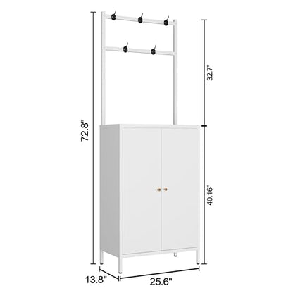 Hall Tree, 72” Shoe Cabinet with Rack, 2-Door Metal Shoe Organizer with 3 Adjustable Shelves & 5 Hooks, Farmhouse Hallway Cabinet for Shoes, Hats, and Keys, White