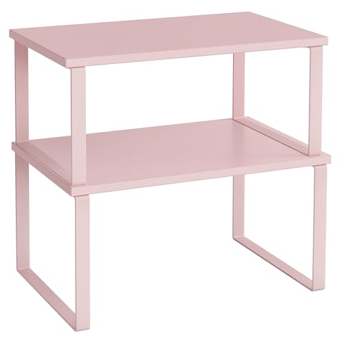 SONGMICS Cabinet Organizer Shelf, Set of 2 Kitchen Counter Shelves, Kitchen Storage, Spice Rack, Stackable, Expandable, Metal and Engineered Wood, 11.7 Inches, Jelly Pink UKCS020S01 - color: Jelly Pink, size: 11.7"w