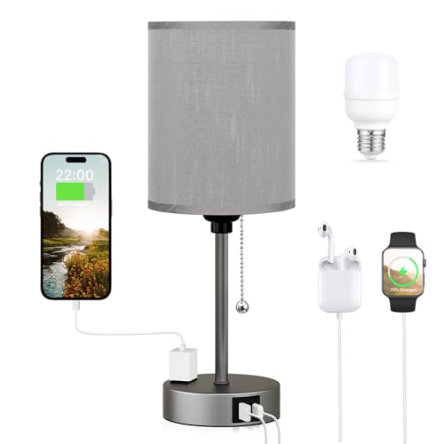 Dicoool Small Bedside Table lamp for Bedroom - 3 Color Temperatures Bedside Lamps with USB Ports for Housewarming, Pull Chain Table Lamps with AC Outlet, Nightstand Lamps for Kids Reading - color: Grey-Grey, size: 14.6 in