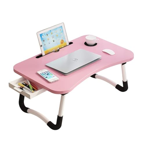 Lap Desk with Storage Drawer, Holders for Cup and Tablet for Kids and Adults, Tray Table with Foldable Legs, Laptop Bed Stand, Portable Standing Table for Sofa Couch Floor (23.6", Pink) - color: Pink, size: 23.6"