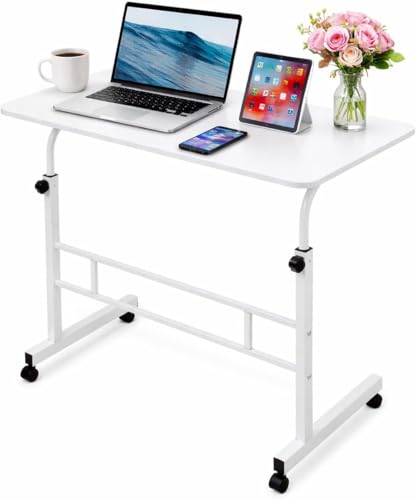Mobile Standing Desk Adjustable Height for Laptop – Small Rolling Desk & Portable Table on Wheels – Small Standing Table with Wheels for Home Office (White) - color: White