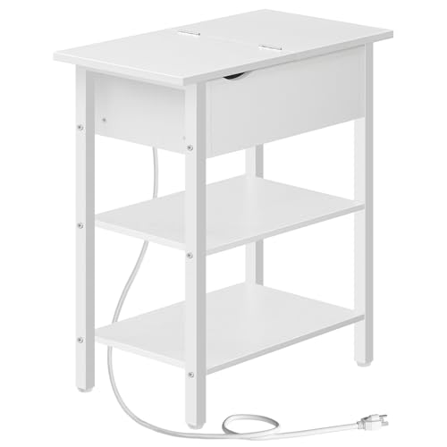 HOOBRO End Table with Charging Station, Narrow Side Table, Flip Top Nightstand with USB Ports and Outlets, Bedside Tables with Shelf for Small Spaces, Living Room, White WT341BZ01 - color: White