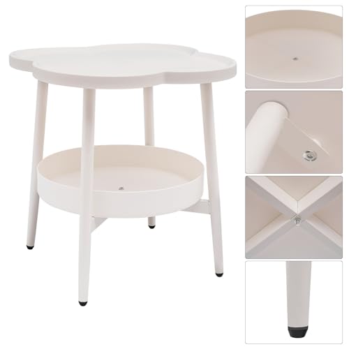 2-Tier Modern Sofa Side Table, Four-Leaf Clover Shape End Table Coffee Tea Snack Table Small Nightstand with Storage for Bedroom Living Room Creamy White - color: Creamy White