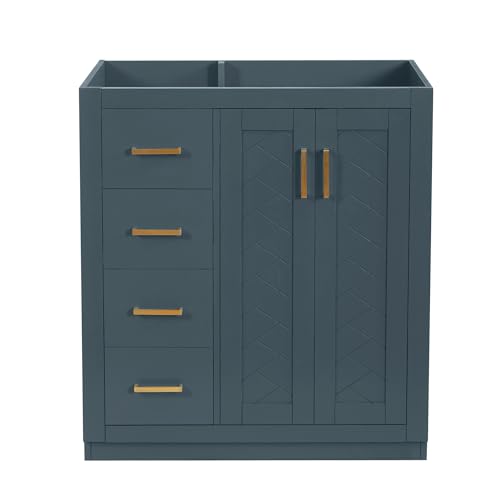 30 Inch Blue-Grey Bathroom Vanity Without Sink,Bathroom Vanity Base Cabinet | with Herringbone Pattern Soft Closing Doors,3 Left Drawers,Solid Wood Frame,Floor-Standing with Toe-Kick - color: Dark Blue, size: 30 Inch Base Only(Left Drawers)