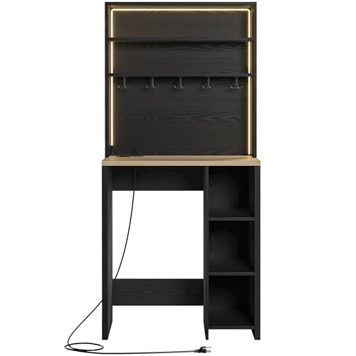 IRONCK Bakers Rack with Mini Fridge Space & Power Outlets, 69.3" Coffee Bar Station with LED Lights, 7-Tier Kitchen Microwave Stand with Hooks & Wooden Backboard, Space-Saving Utility Organizer, Black