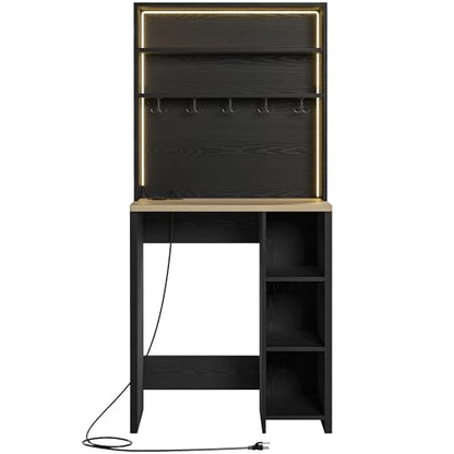 IRONCK Bakers Rack with Mini Fridge Space & Power Outlets, 69.3" Coffee Bar Station with LED Lights, 7-Tier Kitchen Microwave Stand with Hooks & Wooden Backboard, Space-Saving Utility Organizer, Black