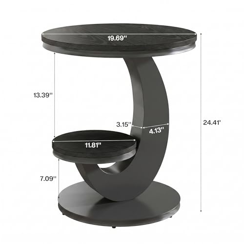 Tribesigns Round End Table with 2-Tier Shelf Storage,C Shaped Wood Side Table for Couch with Metal Frame,Modern Nightstand Accent Table for Living Room,Bedroom,Small Space,Black - color: Black