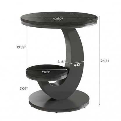 Tribesigns Round End Table with 2-Tier Shelf Storage,C Shaped Wood Side Table for Couch with Metal Frame,Modern Nightstand Accent Table for Living Room,Bedroom,Small Space,Black - color: Black