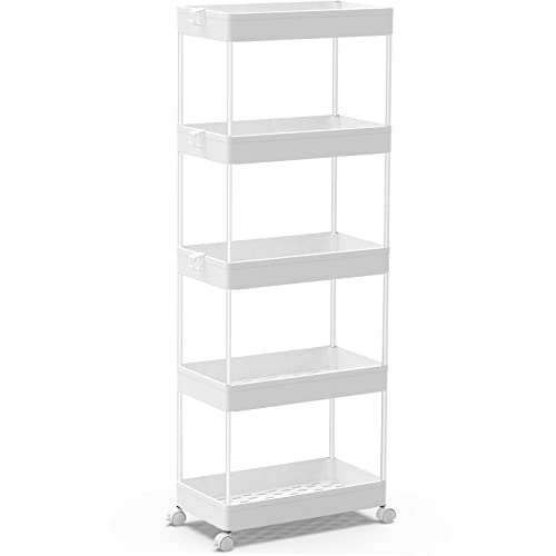 SPACEKEEPER 5-Tier Storage Cart Organizer Rolling Utility Cart, Mobile Shelving Unit Slide Out Storage Shelves for Kitchen Living Room Bathroom Laundry Room & Dressers, White - color: White, size: 5 Tier