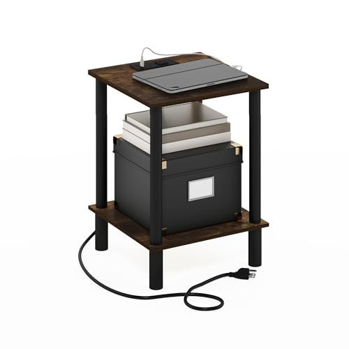 Furinno Turn-N-Tube Side Table, 2-Tier Square End Table with Charging Station, Night Stand, Bedside Table with USB and Type-C Port, for Living Room, Bedroom, Amber Pine - color: Amber Pine/Black, size: 2-Tier, Charging Station