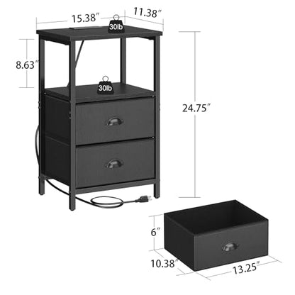 sthmec Nightstand with Charging Station, LED Night Stand Set 2, Bedside Table End Table Set of 2, Bedroom Table with 2 Fabric Drawers PU Finish, 3-Tier Storage Side Table for Bedroom,Black - color: Black