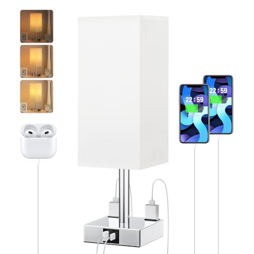 Touch Bedside Table Lamp for Nightstand - 3-Way Dimmable Night Lamp with USB A + Type C Charging Ports and Two AC Outlets, Small Desk Light with E26 LED Bulb for Bedroom Living Room Dorm Office,White - color: White & Silver, size: 14.0in