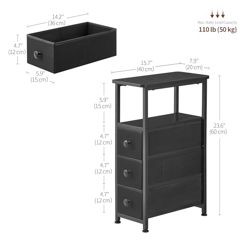 End Table, Narrow Side Table with 3 Fabric Drawers, Slim Nightstand, Small Bedside Table with Storage, Living Room, Bedroom, Black HKET1300BK - color: Black, size: 7.9" W x 15.7" D, style: No Power
