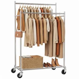 HYSEYY Clothes Rack, Double Rods Rolling Clothing Rack for Hanging Clothes, Portable Garment Rack with Wheels, Coat Rack Wardrobe Closet Load 380 LBS for Bedroom Laundry Room, Black - color: silver
