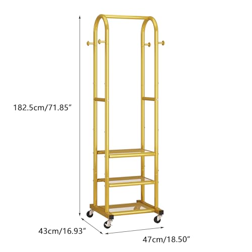 Dttwacoyh Clothing Rack with Wheels,Narrow Metal Garment Rack,Gold | Easy to install, 71.8 Inches Display Rack with 4 Side Hooks & 3 Shelves,for Small Flats, Bedroom, Entryway,Gold Clothes Rack - color: Gold