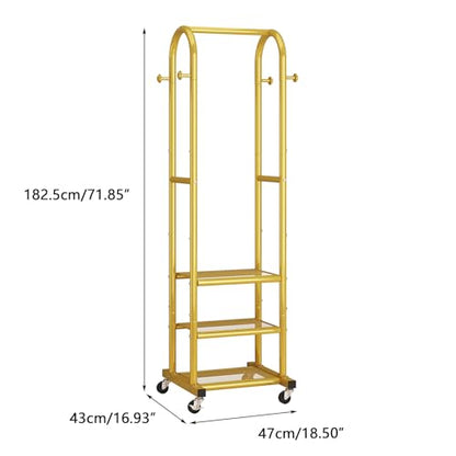 Dttwacoyh Clothing Rack with Wheels,Narrow Metal Garment Rack,Gold | Easy to install, 71.8 Inches Display Rack with 4 Side Hooks & 3 Shelves,for Small Flats, Bedroom, Entryway,Gold Clothes Rack - color: Gold