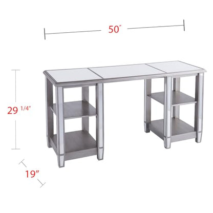 Hassyee Luxury Mirrored Computer Desk Versatile PC Laptop Desk with 4 Open Shelves for Home Office, Tempered Glass Study Writing Table Workstation with Spacious Tabletop for Reading or Doing Homework