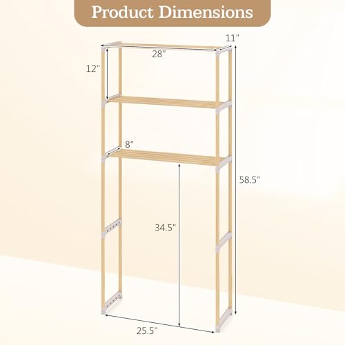 COSTWAY 3-Tier Over The Toilet Rack, Solid Wood Vertical Organizer with Slatted Shelves, Freestanding Space-Saving Toilet Storage Rack for Bathroom, Laundry Room