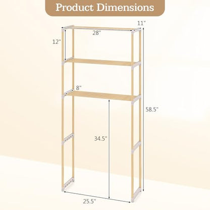 COSTWAY 3-Tier Over The Toilet Rack, Solid Wood Vertical Organizer with Slatted Shelves, Freestanding Space-Saving Toilet Storage Rack for Bathroom, Laundry Room