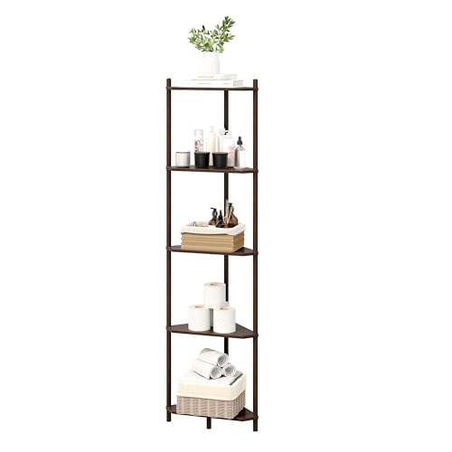 Corner Shelf Stand - 5 Tier Bamboo Small Corner Bookshelf for Office Kitchen Bedroom Plant Stand Living Room Decor Small Space (Brown, 5 Tier) - color: Brown, size: 5 Tier