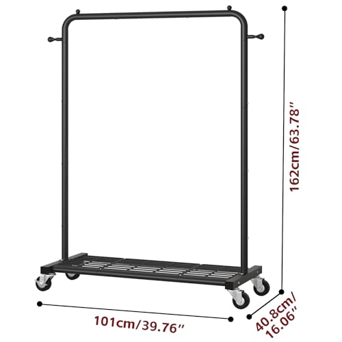 Sywhitta Metal Clothing Rack on Wheels with Mesh Shelf, for Clothes,Black | Rolling Garment Rack for Hanging Clothes, Coats, Skirts, 39.76" L x 16" W x 63.78" H,Space-Saving Mobile Organizer for Closet