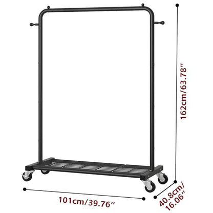 Sywhitta Metal Clothing Rack on Wheels with Mesh Shelf, for Clothes,Black | Rolling Garment Rack for Hanging Clothes, Coats, Skirts, 39.76" L x 16" W x 63.78" H,Space-Saving Mobile Organizer for Closet