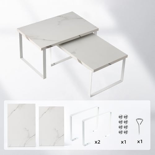 2-Pack Expandable Stackable Cabinet Shelf, Metal and Wood, White - color: White