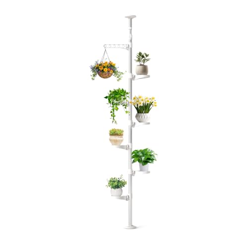 BAOYOUNI 7-Layer Indoor Plant Stands Spring Tension Pole Metal Flower Display Rack Space Saver Corner Floral Pot Hanger Shelf, Ivory - color: Ivory, size: 1 x 7 Tier