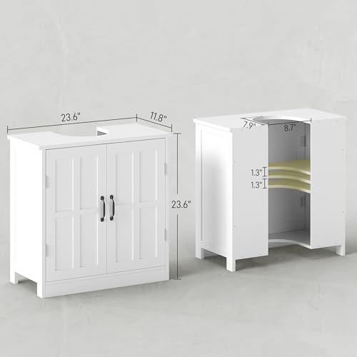 kleankin Pedestal Sink Storage Cabinet, Under Sink Cabinet with 2 Doors and Adjustable Shelf, Bathroom Vanity with U-Shape Cut-Out, White - color: White