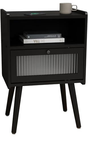 Mid Century Modern Nightstand, Side Table with Storage, Bedside Tables with Glass Door, End Table with Solid Wood Legs for Bedroom, Living Room and Small Spaces, Black - color: Black (No Charging), size: Hinged Door
