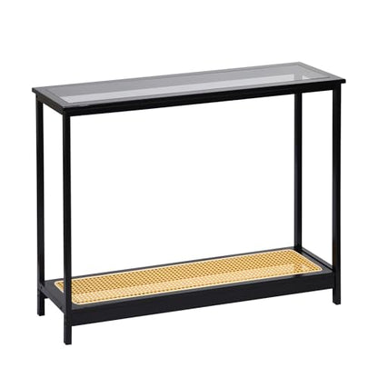 Bamboo Narrow Console Table, 39.4"(L) Wood Small Entryway Table with Rattan and Glass, Accent Slim Hallway Tables, Thin Sofa Side Tables for Hallway, Living Room, Bedroom, Foyer, Black - color: Black 39.4"(l)