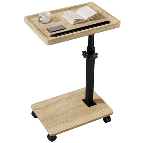 IBUYKE C Shaped Side Table,TV Tray Table with Wheels,Natural UTVT007R | 360° Swivel Height Adjustable,End Table for Small Spaces Living Room Bedroom Sofa Bed,Bedside Table for Laptop - color: Natural, size: 11.41"Dx15.35"Wx 19.29-32.28"H
