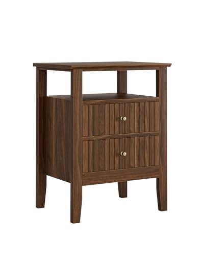 Fluted Nightstand, Farmhouse Night Stand with 2 Drawers, Mid Century Modern Side Accent Table,Bedside End Table for Bedroom, Living Room, Brown - color: Walnut Brown, size: 2 Drawers