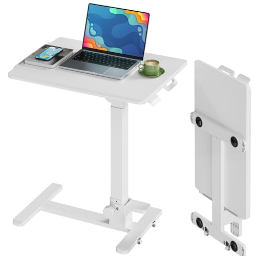 Foldable Mobile Standing Desk, 27 Inch Small Rolling Laptop Cart Height Adjustment, 90° Tiltable Bedside Table, No Assembly Needed Portable Computer Workstation, White - color: White