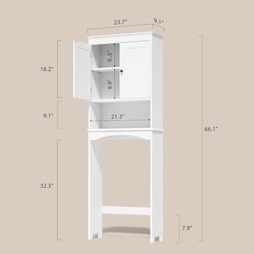 Gizoon Over the Toilet Storage Cabinet with Adjustable Shelf, White | Bathroom Space Saver Organizer Above Toilet with Open Shelf and Double Doors, Taller Wooden Free Standing Toilet Rack - color: White