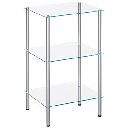 HOOBRO Glass Shelf, 3 Tier Bathroom Standing Shelf Unit, Tempered Glass Shelving Stand for Small Space, Perfume Stand Organizer, Space-Saving, for Bathroom, Bedroom, Steel Frame, Silver SV03CJ01 - size: 15"L x 11.8"W x 29.5"H