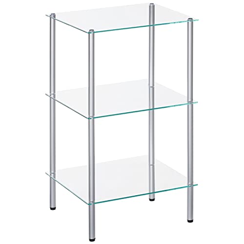 HOOBRO Glass Shelf, 3 Tier Bathroom Standing Shelf Unit, Tempered Glass Shelving Stand for Small Space, Perfume Stand Organizer, Space-Saving, for Bathroom, Bedroom, Steel Frame, Silver SV03CJ01 - size: 15"L x 11.8"W x 29.5"H