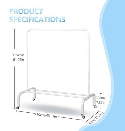 Metal Clothing Rack with Wheels, 43.3 Inches Rolling Clothes Garment Coat Rack with Bottom Shelf, Clothing Rack for Hanging Clothes, Coats, Skirts, Shirts, Sweaters, White - color: White, size: 43.3"W x 15.75"D x 61"H with wheels