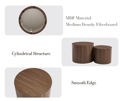 EALSON Nesting Coffee Tables Set of 2 Farmhouse Small Round End Tables Modern Wood Circle Side Table Drum Table for Living Room Small Spaces Bedroom Balcony, No Assembly, Walnut - color: Walnut