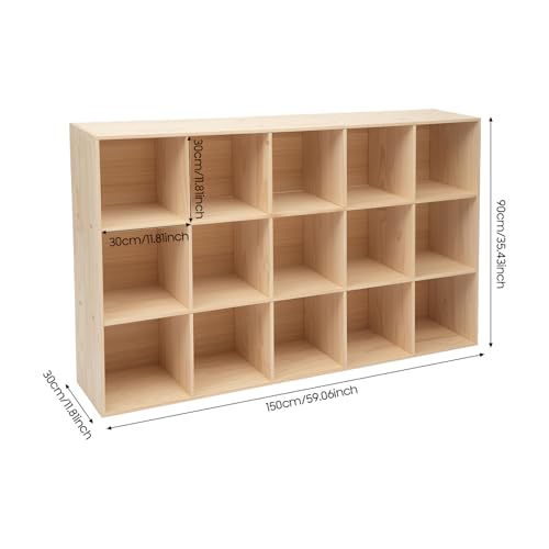15-Cube Solid Wood Bookshelf, 3-Tier Storage Organizer Semi-Open Floor Display Shelf Closet Cabinet for Home Office Library School, 12" D x 59" W x 35" H - size: 15-Cube