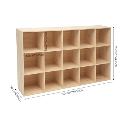15-Cube Solid Wood Bookshelf, 3-Tier Storage Organizer Semi-Open Floor Display Shelf Closet Cabinet for Home Office Library School, 12" D x 59" W x 35" H - size: 15-Cube