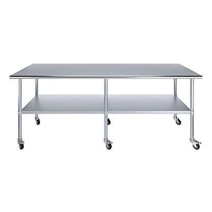 AmGood 96" Long x 30" Deep Stainless Steel Table with Casters - size: 96" Long x 30" Deep